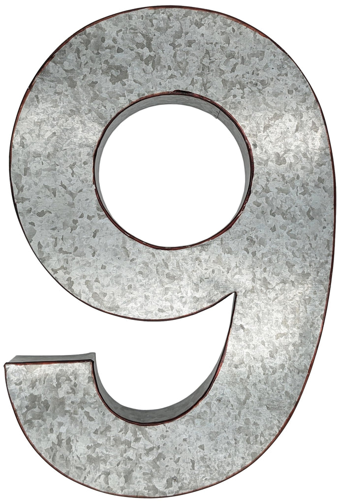 20" Metal Number 9 (Nine) Wall Decor, Silver with Rusted Edges, Galvanized Wall Mountable Decoration for Country