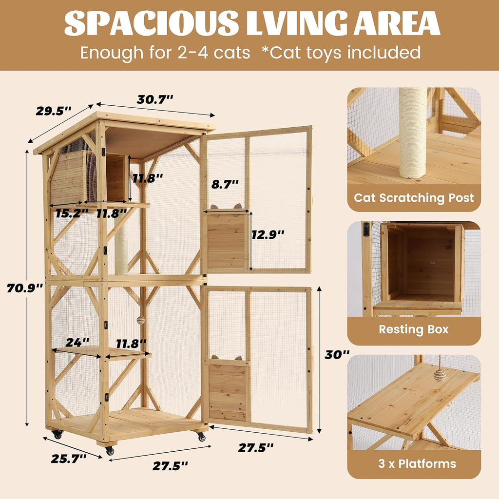 71" Catio Outdoor Cat Enclosure Window Access, Original Wood