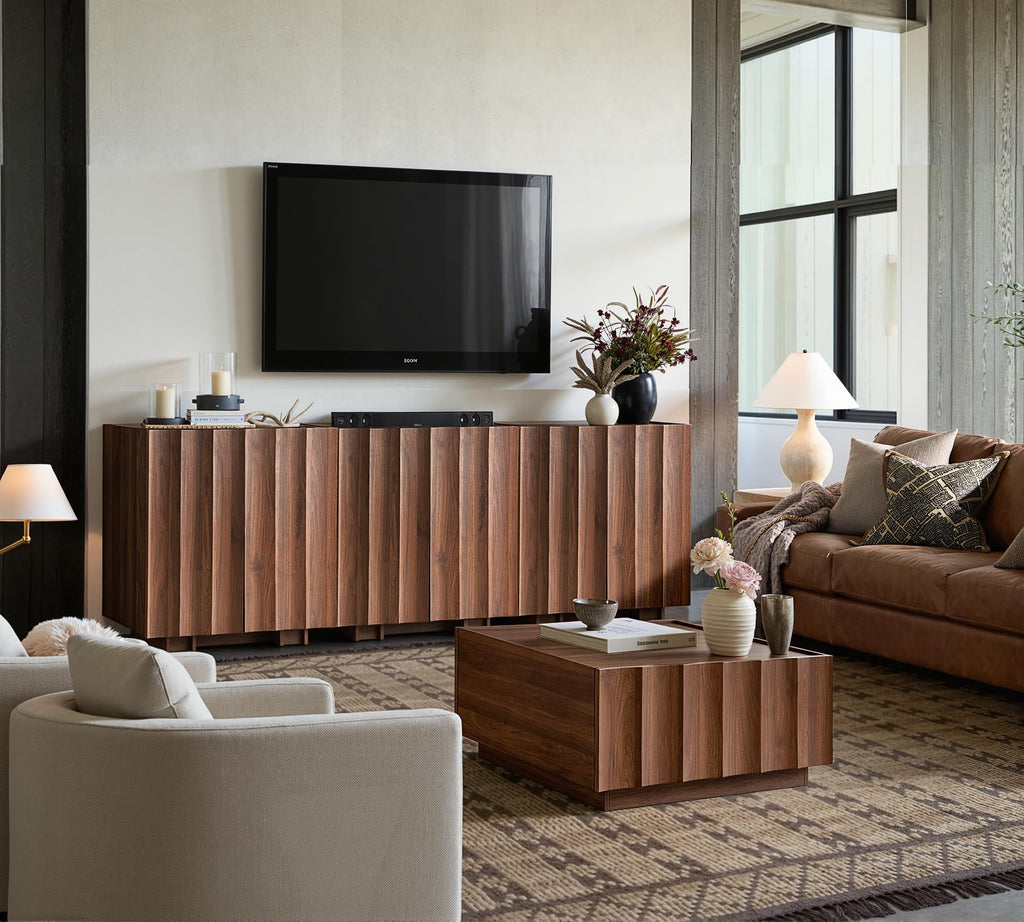 30.8" Sideboard Buffet Cabinet with Storage, Walnut, Wave Design