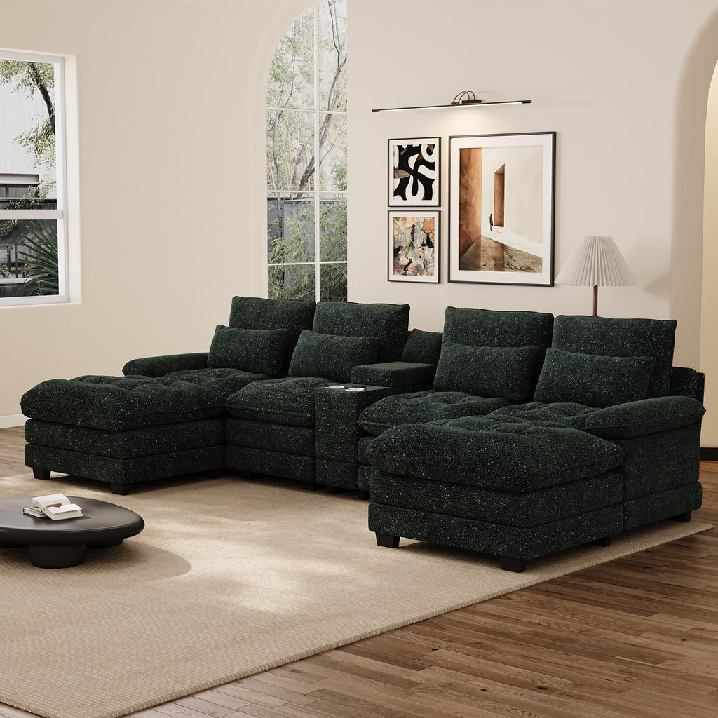 134" U-Shaped Shimmer Chenille Sectional Couch, Green