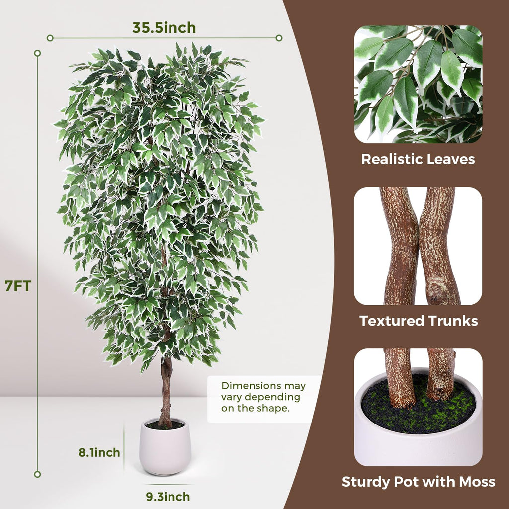 Artificial Ficus Tree-7FT Faux Tree with Natural Curved Trunks and White Pot, Lush Fake Silk Tree Artificial Plants