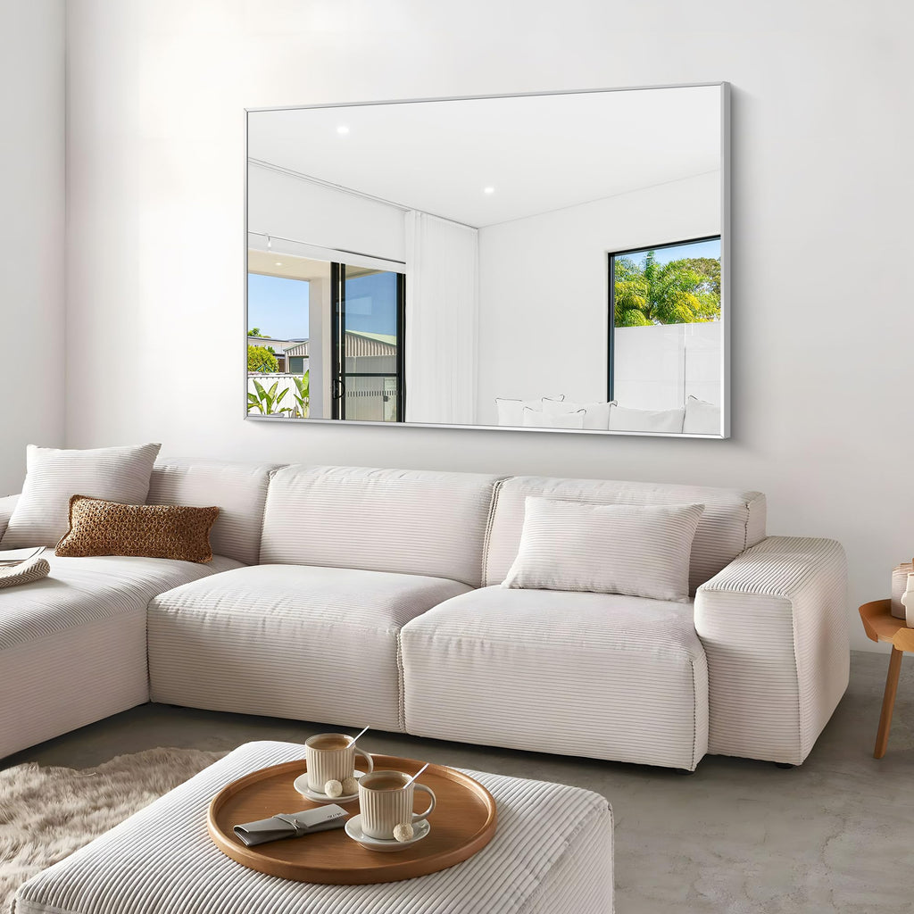 Silver Bathroom Mirror, 60x40 inch Wall Mirror Wall Mounted, Large Rectangle Mirror Over Sink, Modern Metal Frame