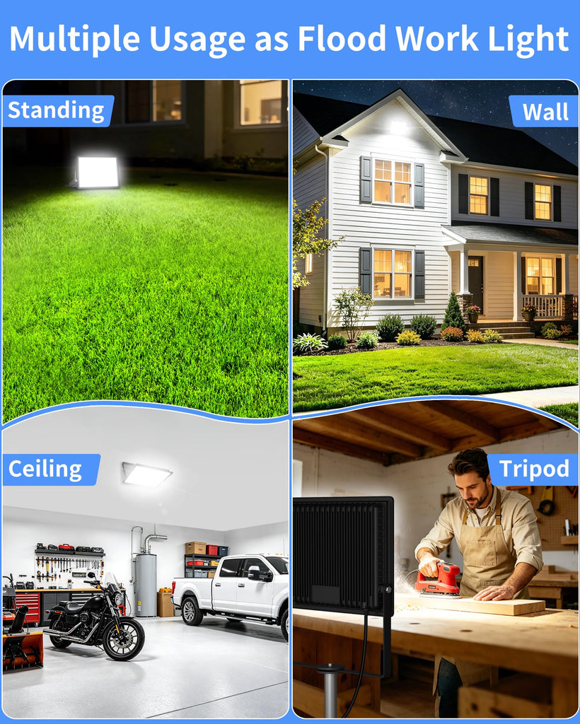 200W LED Flood Light Outdoor Plug in, IP66 for Yard Garage, 5000K