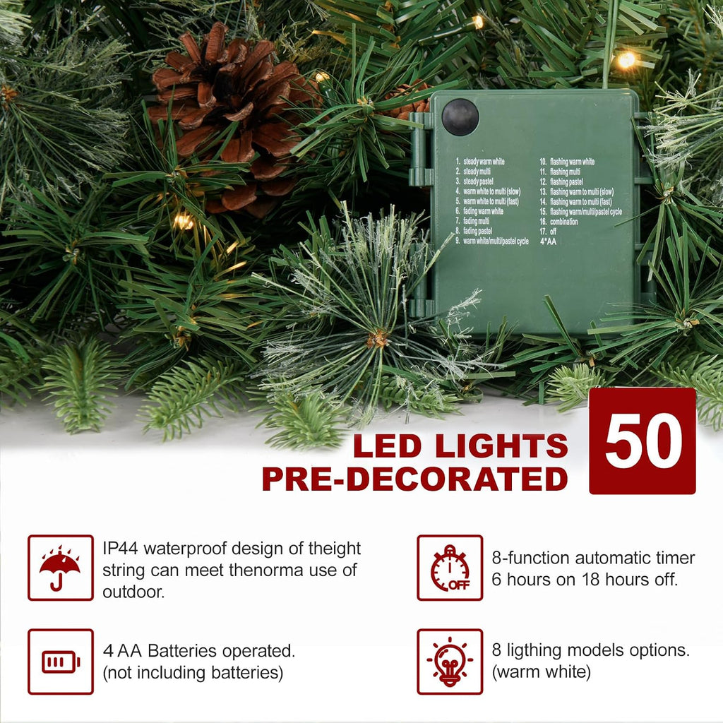 9FT Pre-Lit Artificial Christmas Garland with Dual Color LED Lights and Timer by Remote Control and Batteries