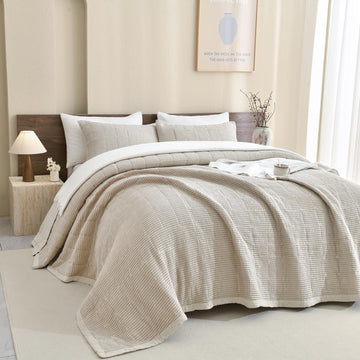 Cotton Bedspread(120"x120"), Wheat Waffle Weave Quilt Set 3Pcs Soft Lightweight Farmhouse Oversized