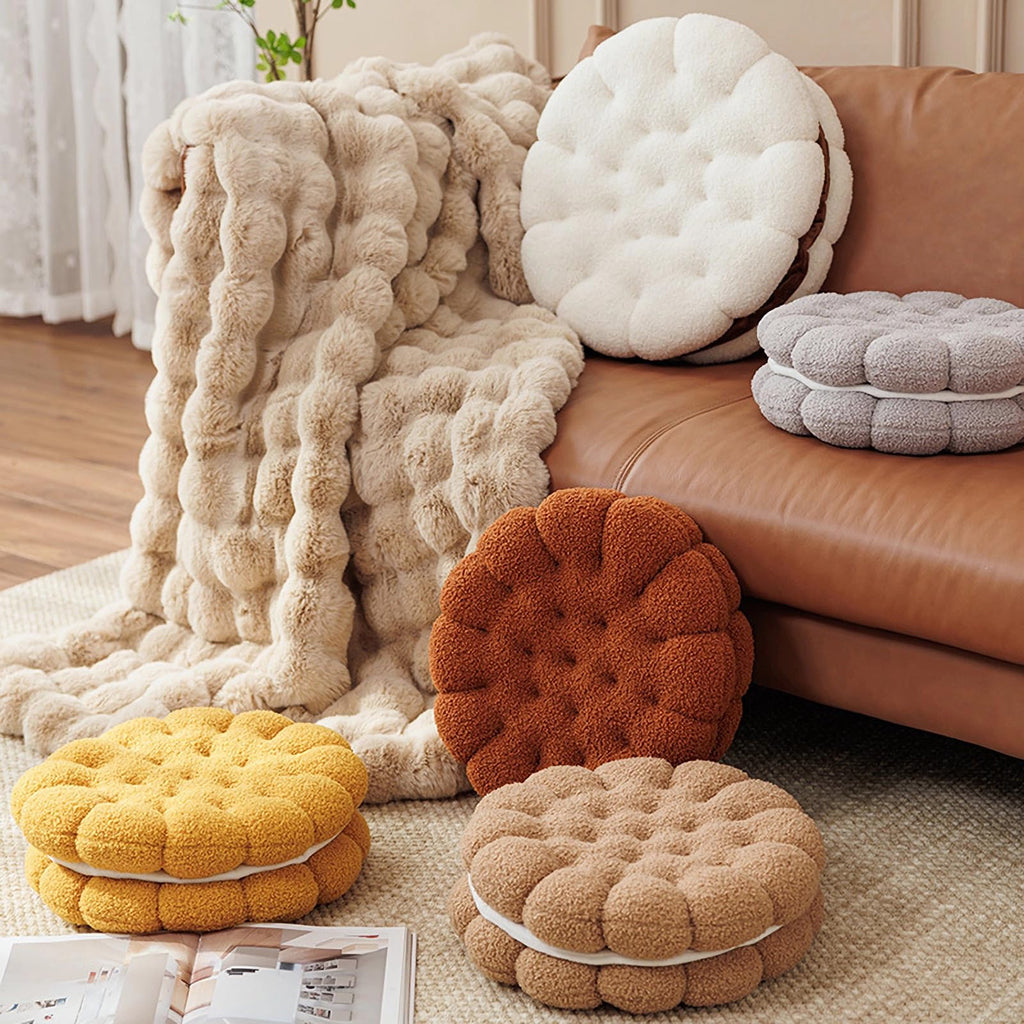 Grey Boucle Throw Pillow 14" Round Cookie Pillow Thick Seat Cuhsion for Sofa Couch Patio Balcony Tatami Pad