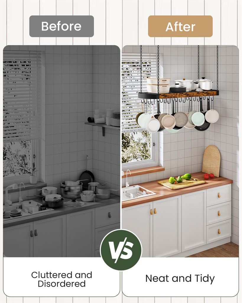 Hanging Pot Rack, Space-Saving Pot Hanger, Ceiling Pan Hanging Rack with 16 Detachable S Hooks, Sturdy