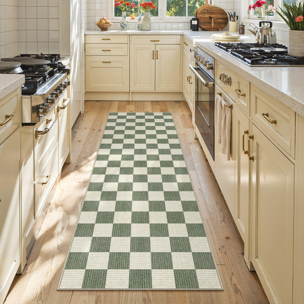 Washable Checkered Runner Rug Hallways, Green