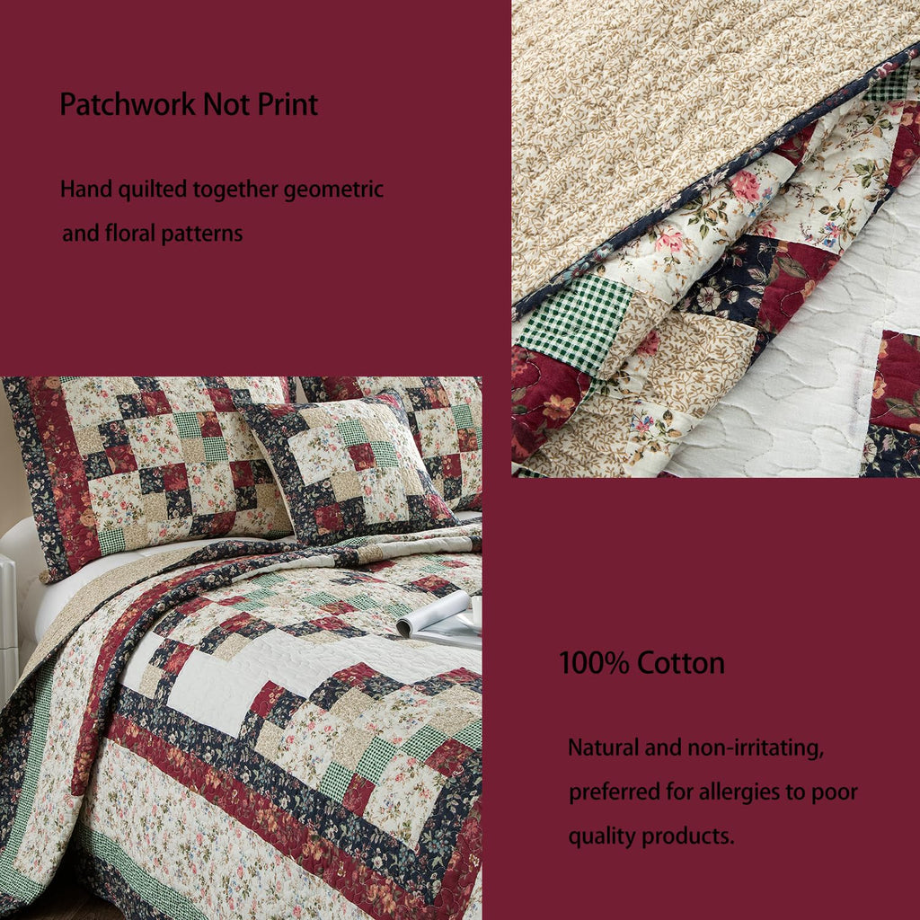 Patchwork Quilt Bedding Set 100% Cotton Farmhouse Coverlet Bedspread Soft Lightweight Comforter with