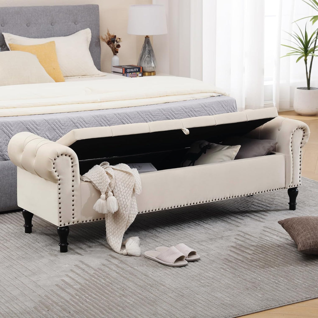 Storage Bed Bench , Velvet 67" End of Bed Benches, King Size Bench with Armrest, Tufted Button Upholstered Ottoman