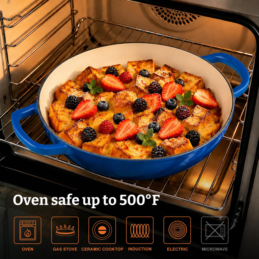 Cast Iron Dutch Oven, 3.8 Quart, Blue, Shallow Braiser & Casserole