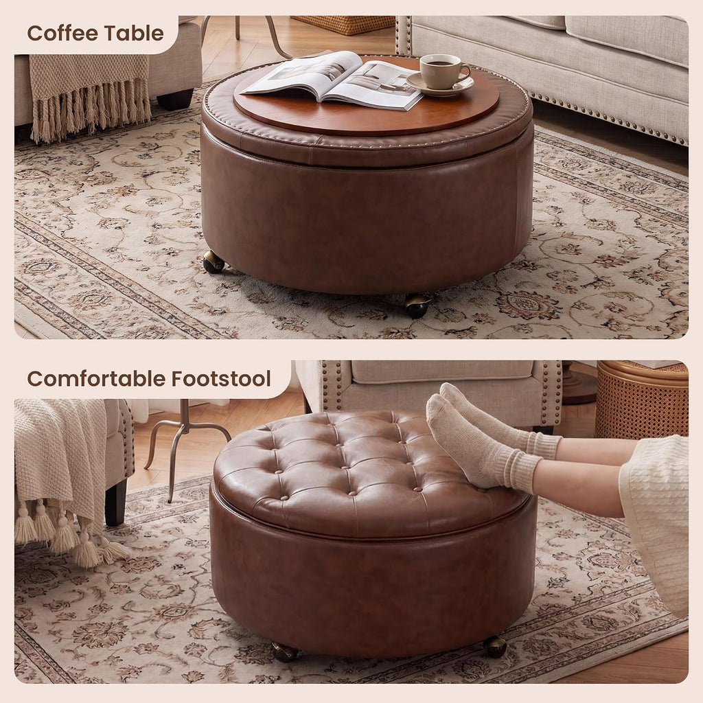 29" Round Storage Ottoman with Reversible Tray, Faux Leather Tufted Coffee Table, Foot Rest Stool with Lockable