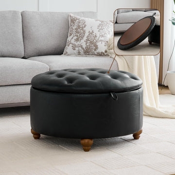 30Inch Round Storage Ottoman with Tray, Modern Tufted Leather Circle Coffee Table with Storage, Upholstered Ottoman