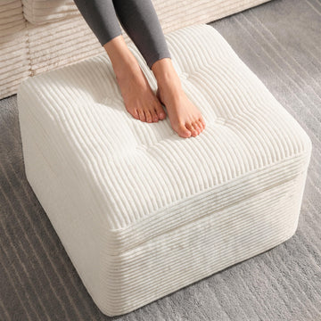 23.6in Pouf Ottoman, Corduroy Footstool Foot Rest Seating, Beige