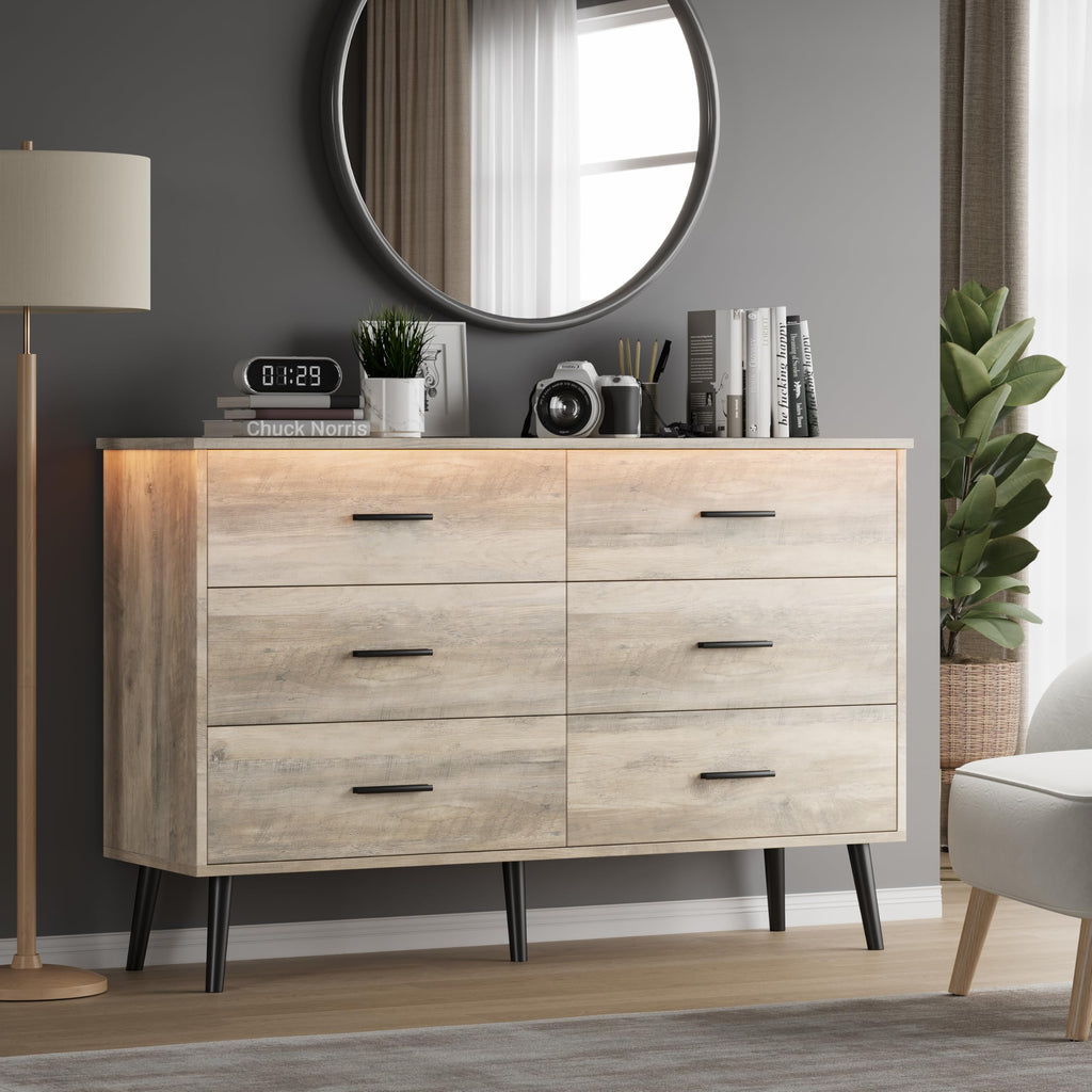 Grey Dresser, Dressers & Chests of Drawers for Clothes Storage, Wood Dresser for Closet with 6 Drawers, Wide Long