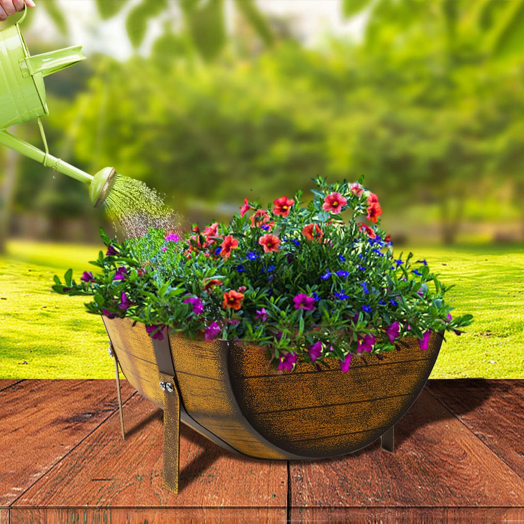 15.43In 2 Pack Rustic Barrel Planters, Decorative Outdoor Garden Backyard Planter with Legs, Metal Flower Pot Half