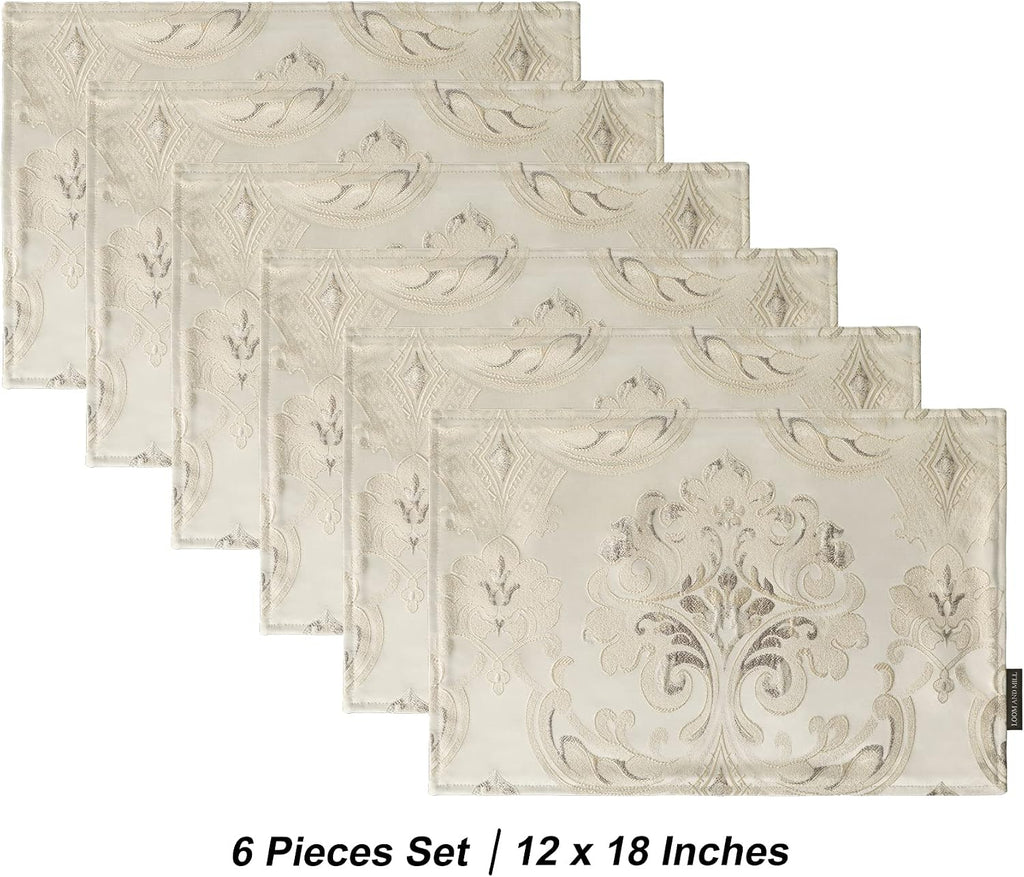 Luxury Damask Floral Placemats Set of 6, Light Apricot | Double Layer Design Jacquard Dining Table Mats Room
