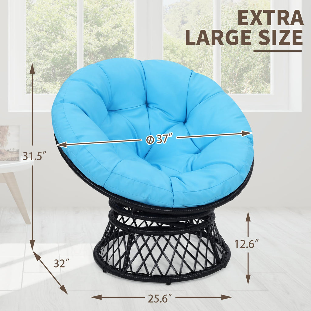 40" Ergonomic Wicker Papasan Chair, Black Frame with Blue Cushion