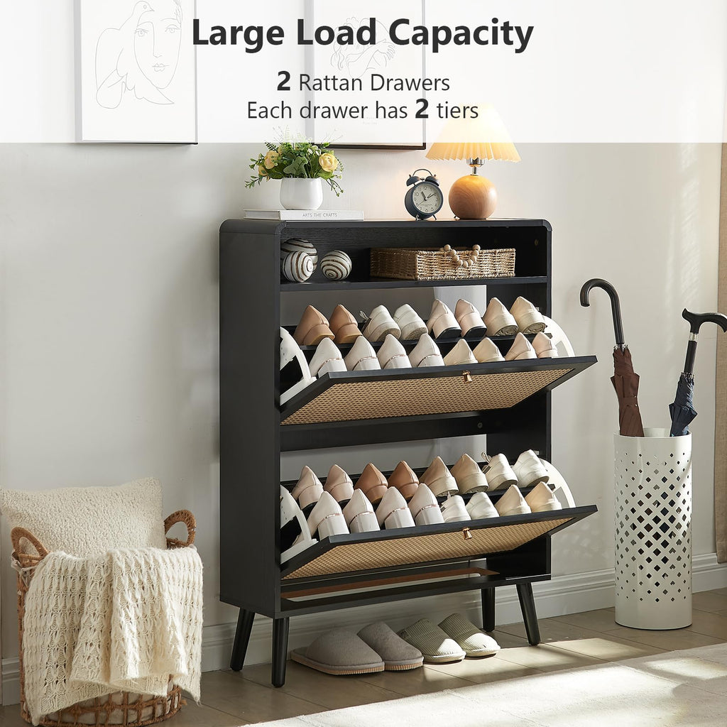 Rattan Shoe Storage Cabinet with 2 Flip Doors, Wood Narrow Shoes Cabinet with Adjustable Shelves, Freestanding Hidden