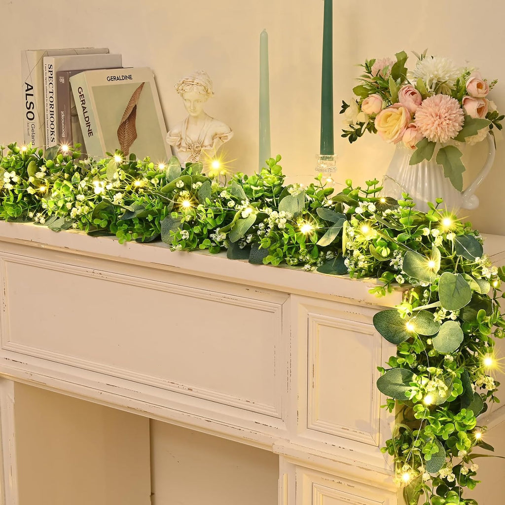 Eucalyptus Garland with Lights, Greenery Garland, Green Garland with Flowers, 5.9FT Artificial Faux Eucalyptus - Set of 4