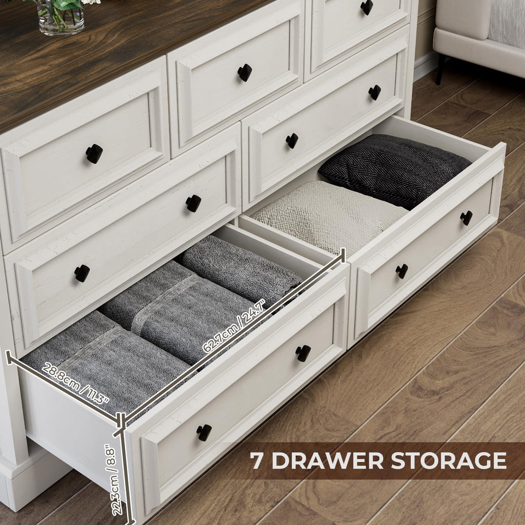 Farmhouse 7 Drawer, 54" Wide Wooden with Natural Texture & Vintage Metal Knobs, Large Chest of Drawers, Antique