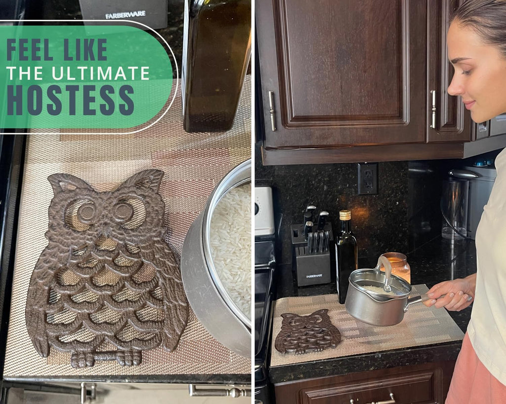 Cast Iron Owl Trivet - 7.48"×7.48" - Rubber Pegs - Rust Brown