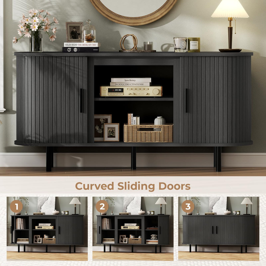 55'' Mid Century Modern Fluted TV Stand-Curved TV Cabinet with Storage, Sliding Doors & Adjustable
