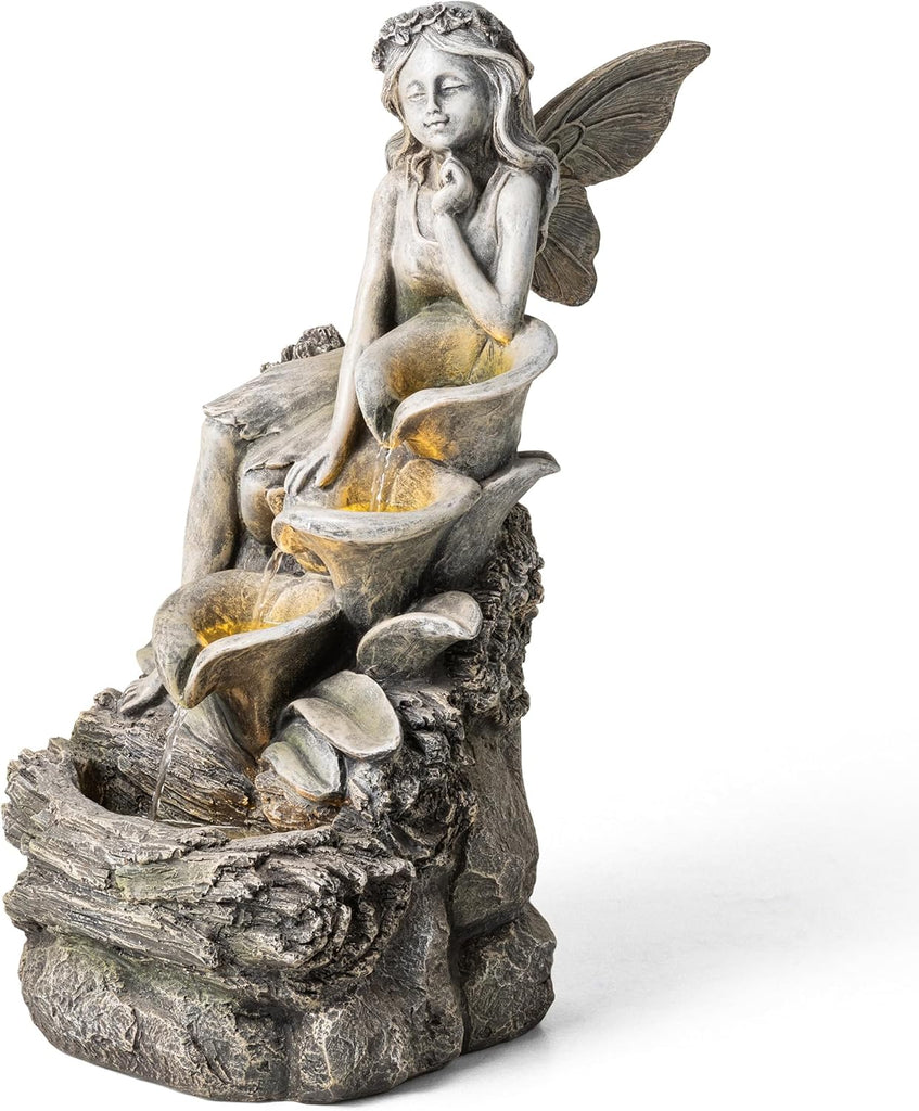 Water Fountain Fountain with Lights & Pump, 22.75" H 4-Tiered Concrete Fairy Polyresin Cascading Waterfall Floor