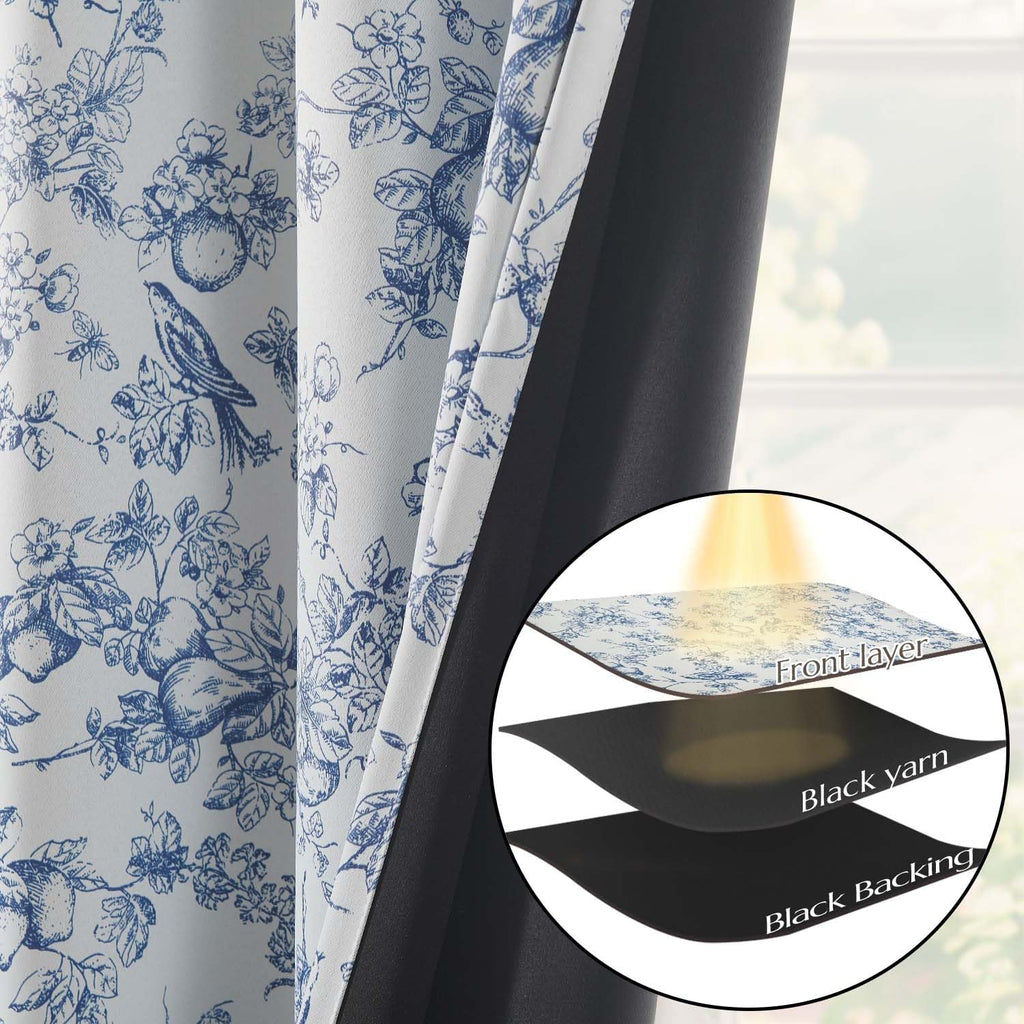 Blue 100% Blackout Curtains for Bedroom 96 Inch Length, Country Flower Floral Curtains for Living Room Toile