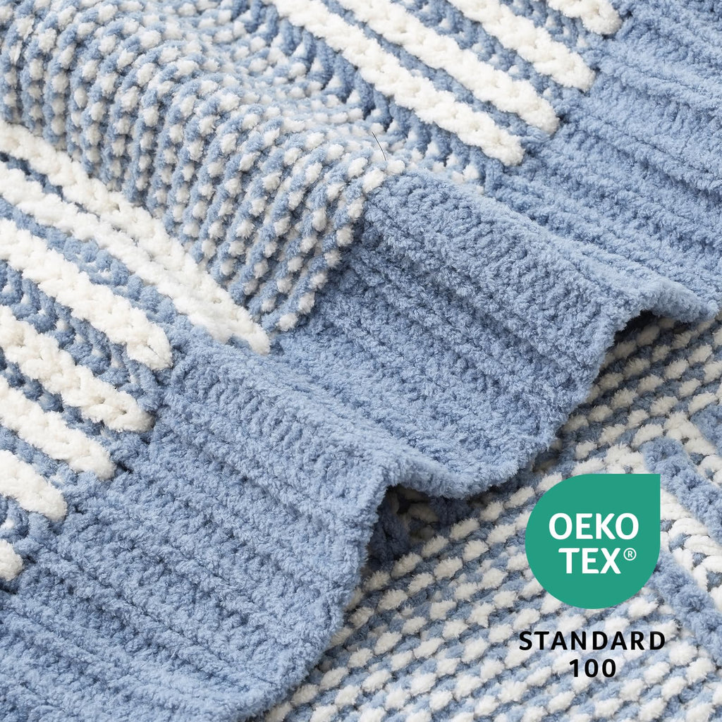 Checkered Knit Throw Blanket for Couch, Blue 50"x60"