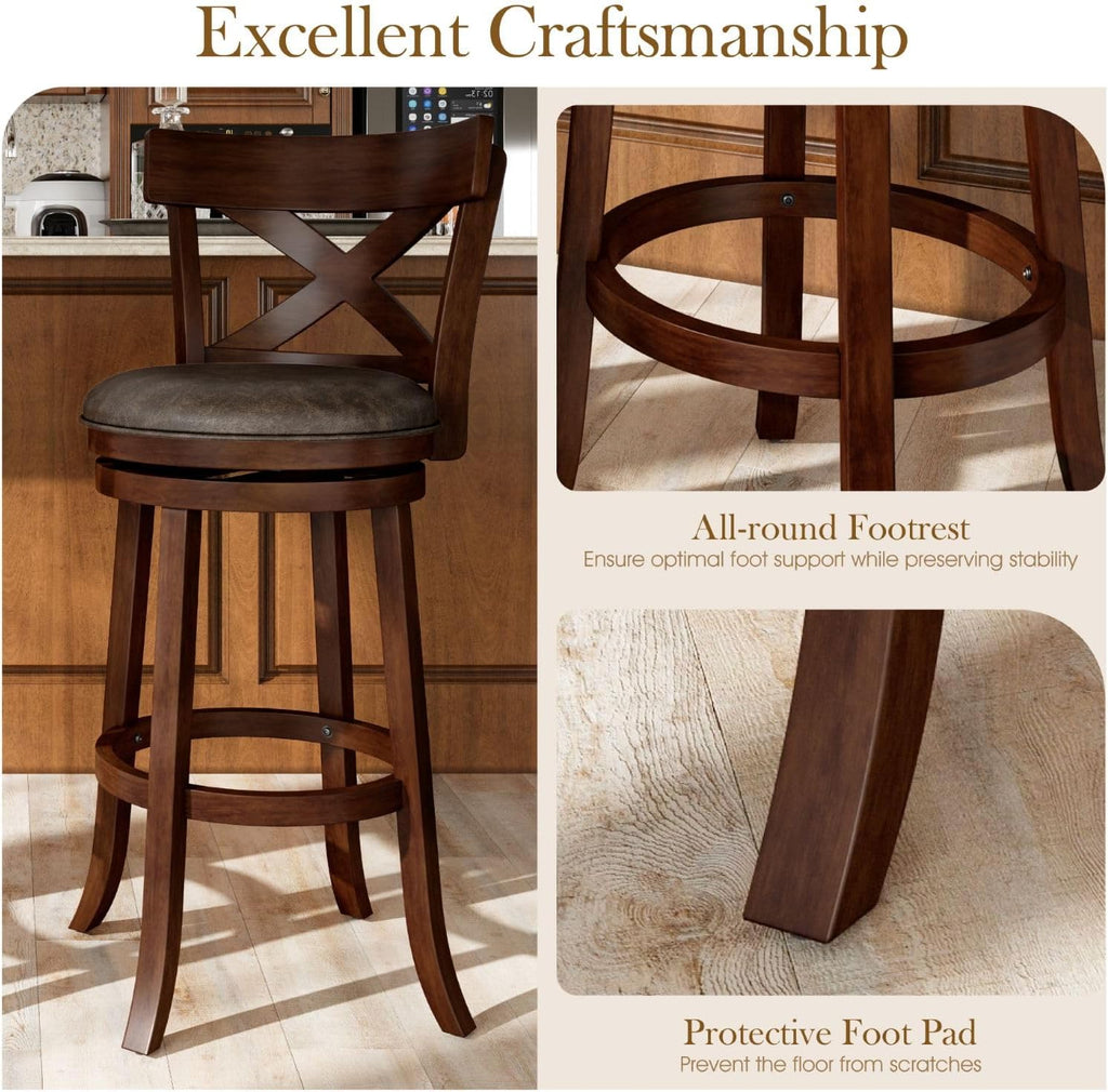 Swivel Bar Stools Set of 4, 30 Inch Bar Height Barstools with Cross Back & Solid Wood Legs,Faux Leather