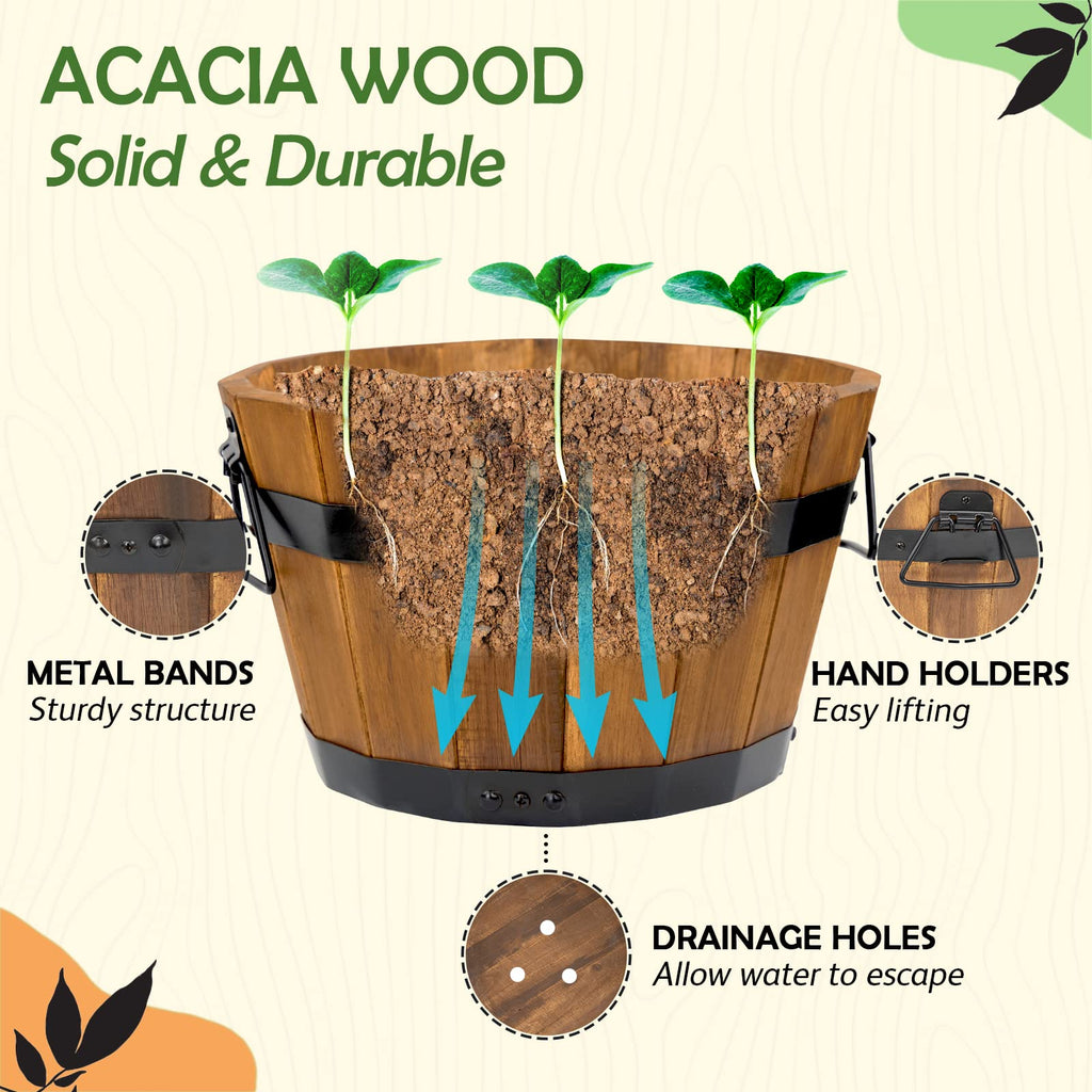 Set of 3 Wooden Flower Boxes Outdoor, Durable Acacia Wood Barrel Planters for Outdoor Plants with Ergonomic Handles