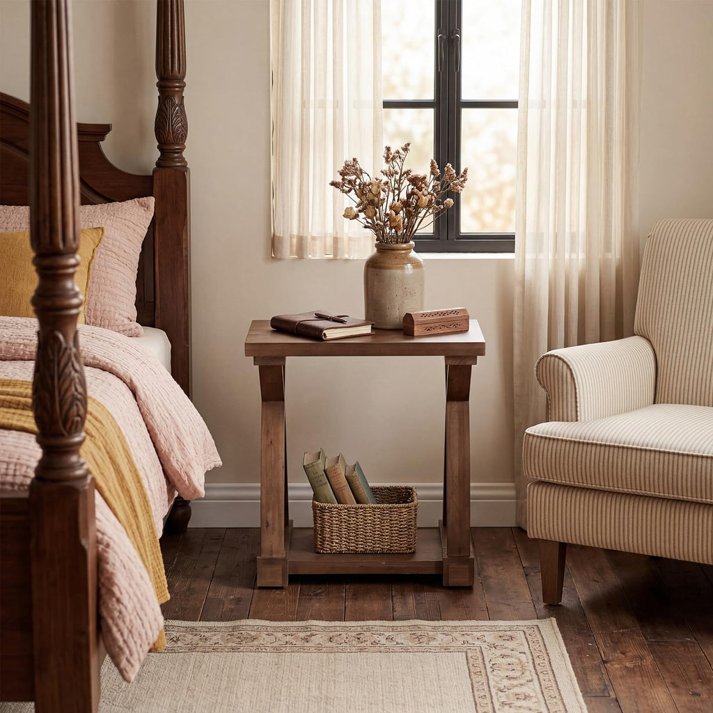 Solid Wood End Table, 2-Tier Small Side Table with Storage Shelf