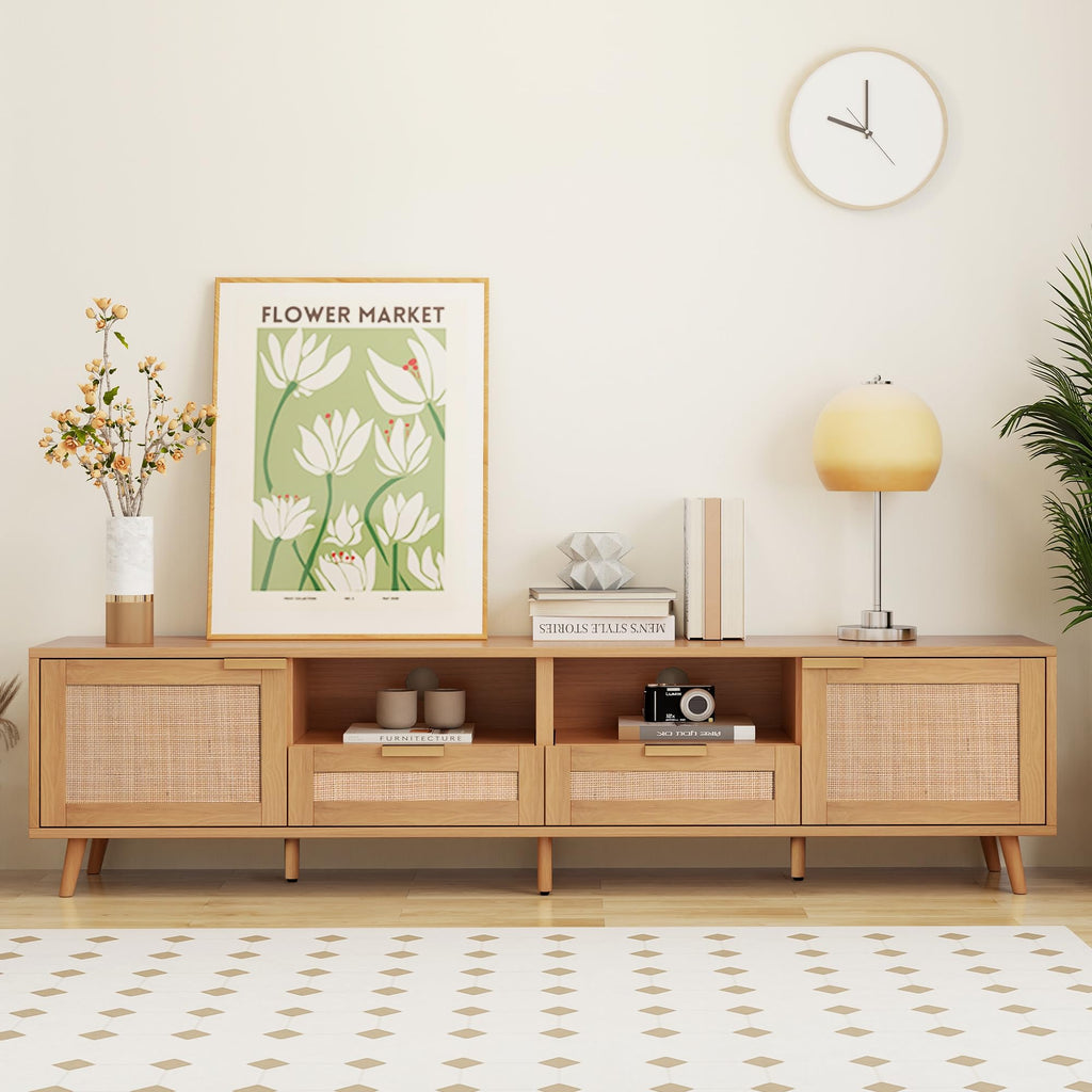 Rattan TV Stand for 85''+ TV, Mid Century Modern Entertainment Center with Rattan Decor Doors, Wood TV Console with 2
