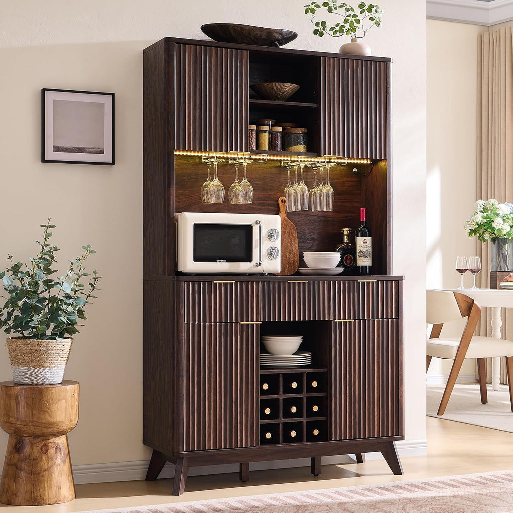 72" Tall Coffee Bar Cabinet, Fluted Wooden Wine Cabinet, Dark Walnut | Power Outlets, Led Lights, 4 Stemware Racks, 9