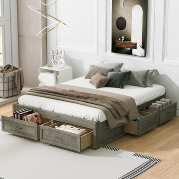 Antique Gray Wood Bed Frame, Farmhouse Japanese Low Platform Wooden Beds Frames with 6 Storage Drawers