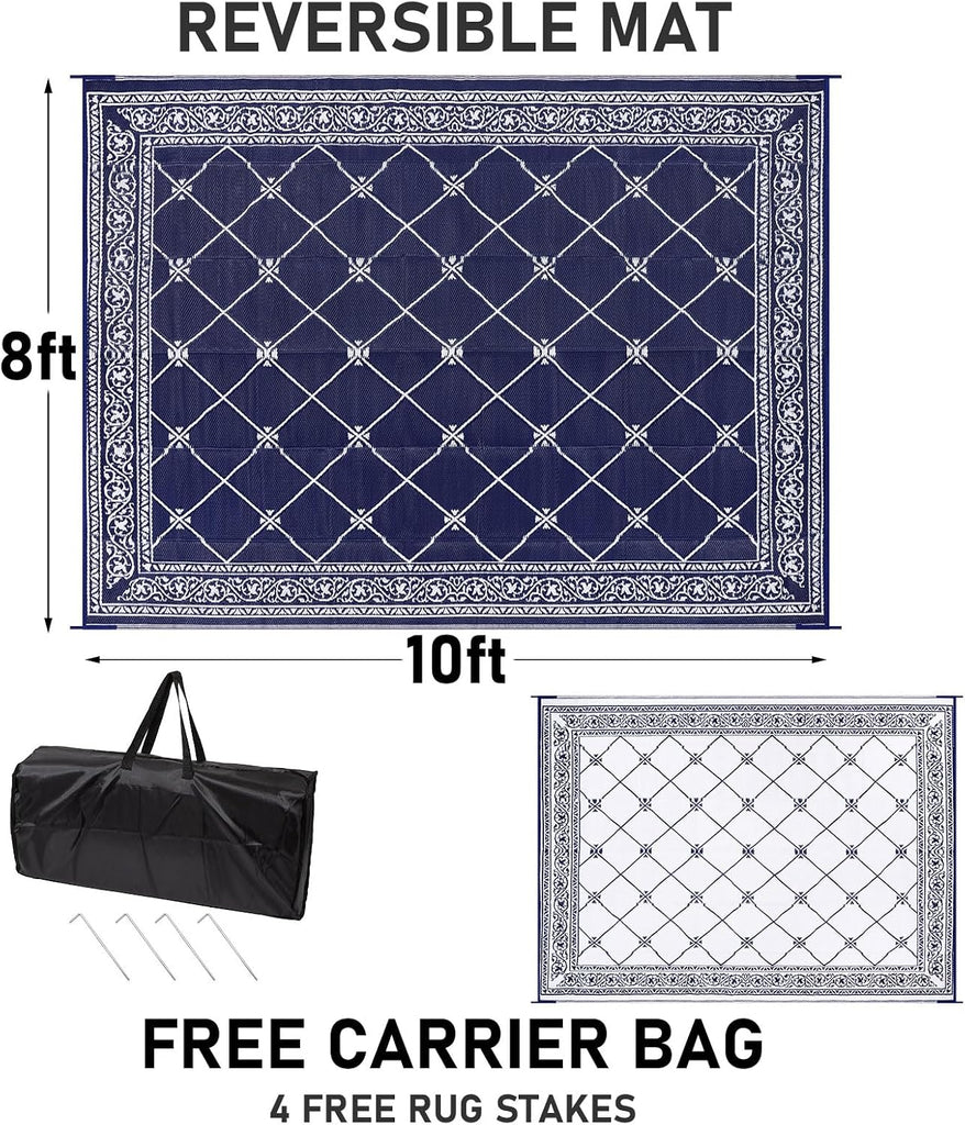 Outdoor Rug 8'x10' s, Waterproof Trellis Blue & White Outside Mat for Front Porch,Beach, Reversible Plastic Straw