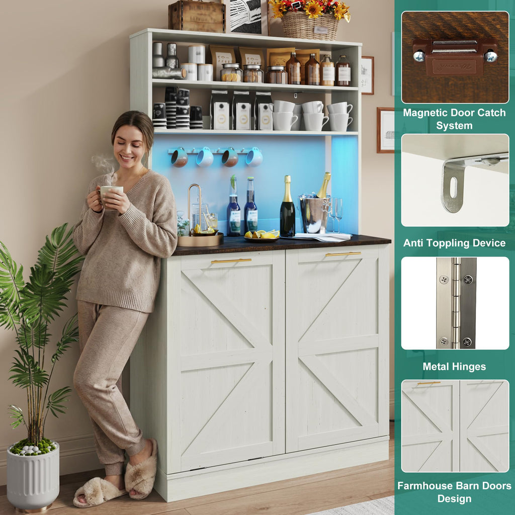 63" H Pantry Cabinets with 10 Gallon Trash Can, Led Light, Outlet, 35" W Kitchen Hutch with Tilt Out Trash Can