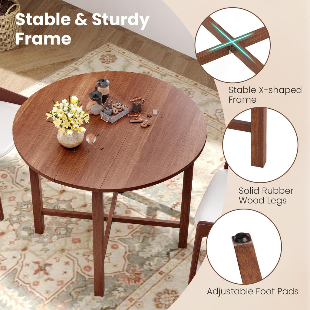 36" Folding Dining Table for 2-4, Round Drop Leaf Kitchen Table with Solid Wood Legs, Space Saving Extendable Table