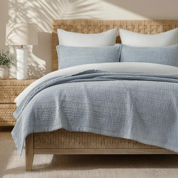 Stonewashed Textured Cotton Quilt Set, Blue Linen