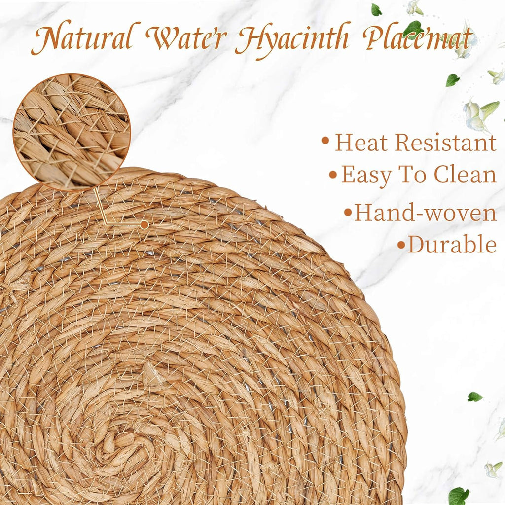 Round Woven Placemats, 12 Inch Boho Farmhouse Rattan Placemats Rustic Braided Wicker Table Place Mats - Set of 6