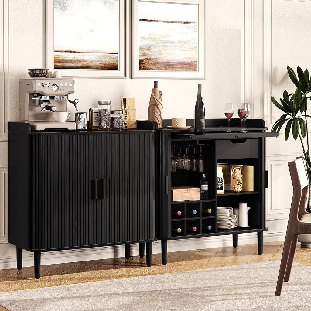 Fluted Bar Cabinet with Storgae, Wine Cabinet, 33" H, Black | Coffee Bar Cabinet, Liquor Cabinet, with Charging