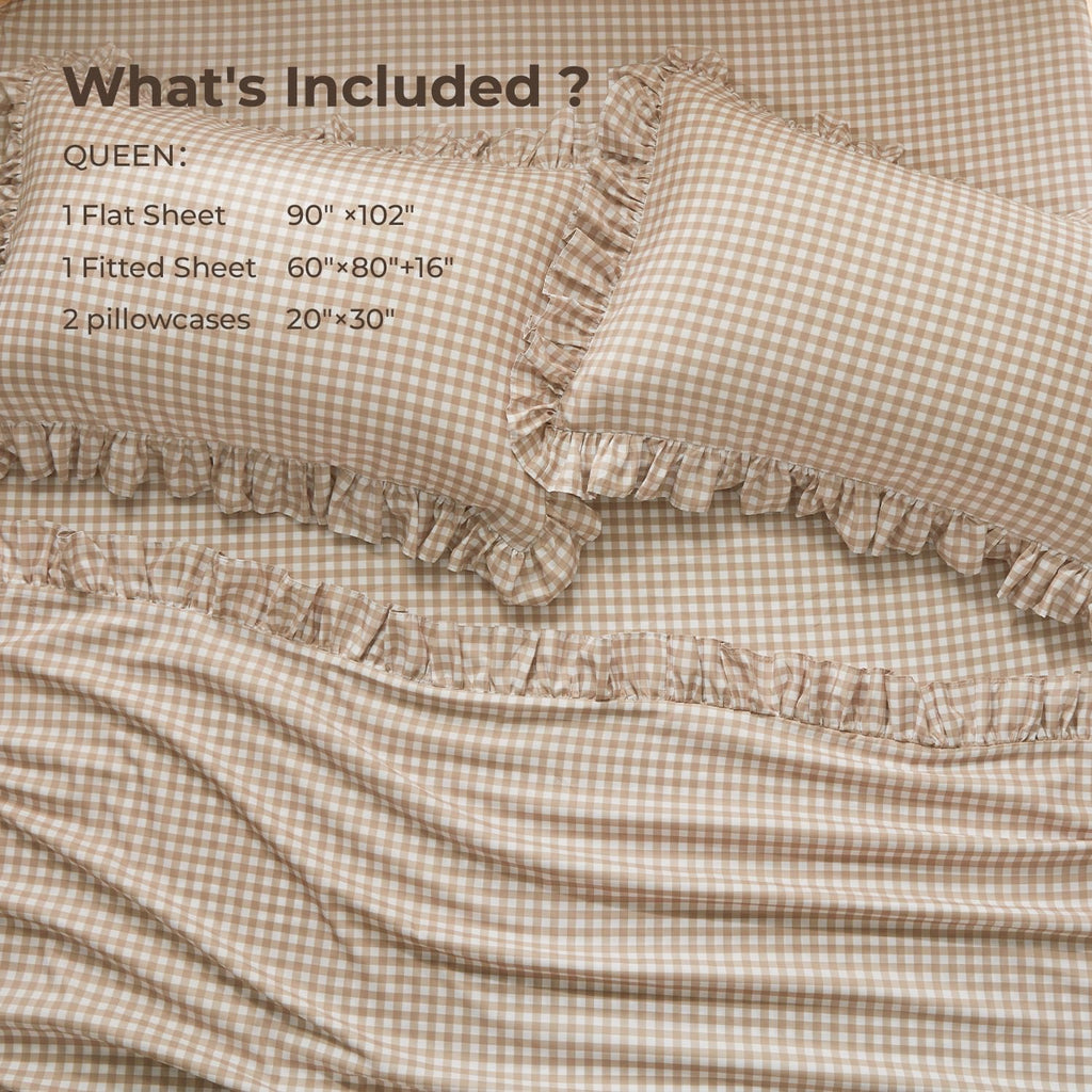 Tan Gingham Ruffle Sheets Set 4 Pieces