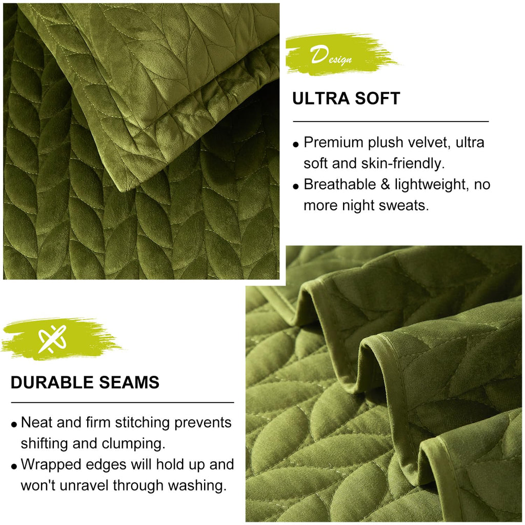 Velvet Quilt, Green Lightweight Bedspread Soft Reversible Coverlet for All Season 3Pcs Luxury Velvet