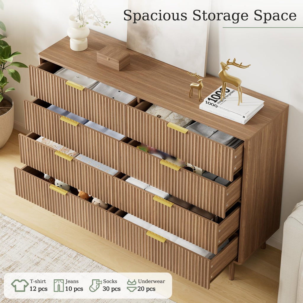 Fluted 8 Drawer Dresser, 55" Wide Modern Chest of Drawers with Curved Profile Design and Metal Handles, Wood Dresser