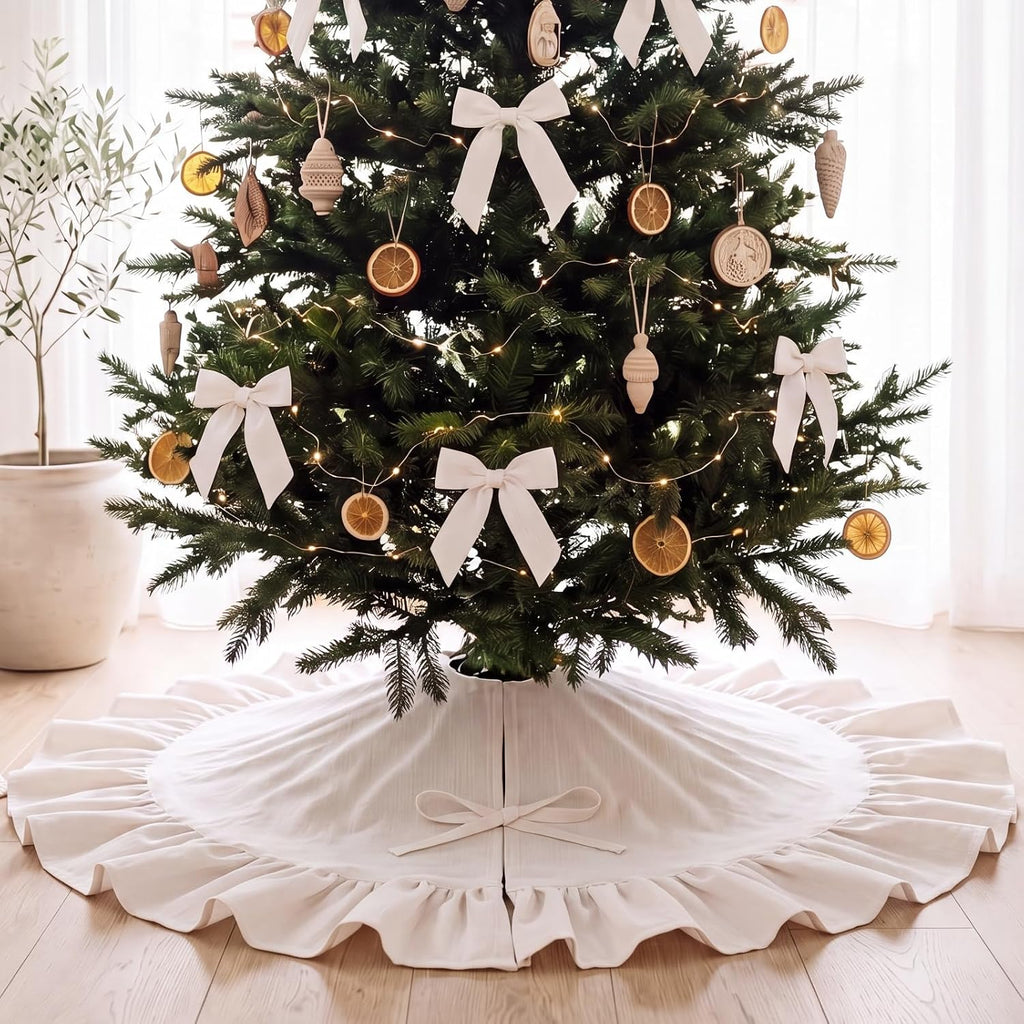 Christmas Tree Skirt with Ruffle Border and Ties 36 Inch Vintage Tree Skirt Decorations Rustic Farmhouse Scalloped