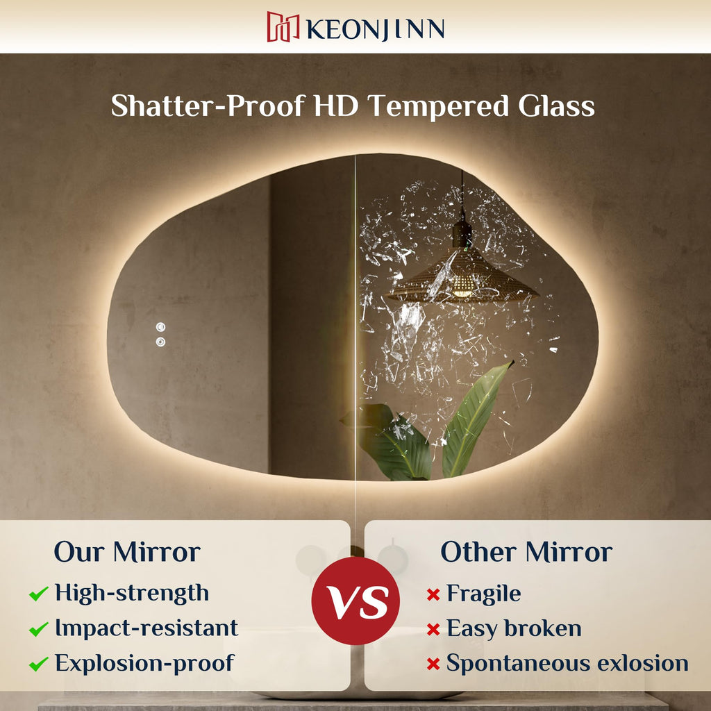 24 x 36 Inch Irregular Bathroom Mirror with Lights, Tempered Glass