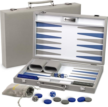 Large Gray Backgammon Set for Adults - Classic Board Game for 2 Players Adults and Kids - Premium 15 Inch Backgammon