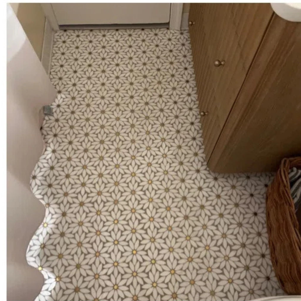 Thassos White Marble Daisy Flower Mosaic Tile with Gold Metal Inlay 12x12 Inches - Decorative Natural Stone Wall &