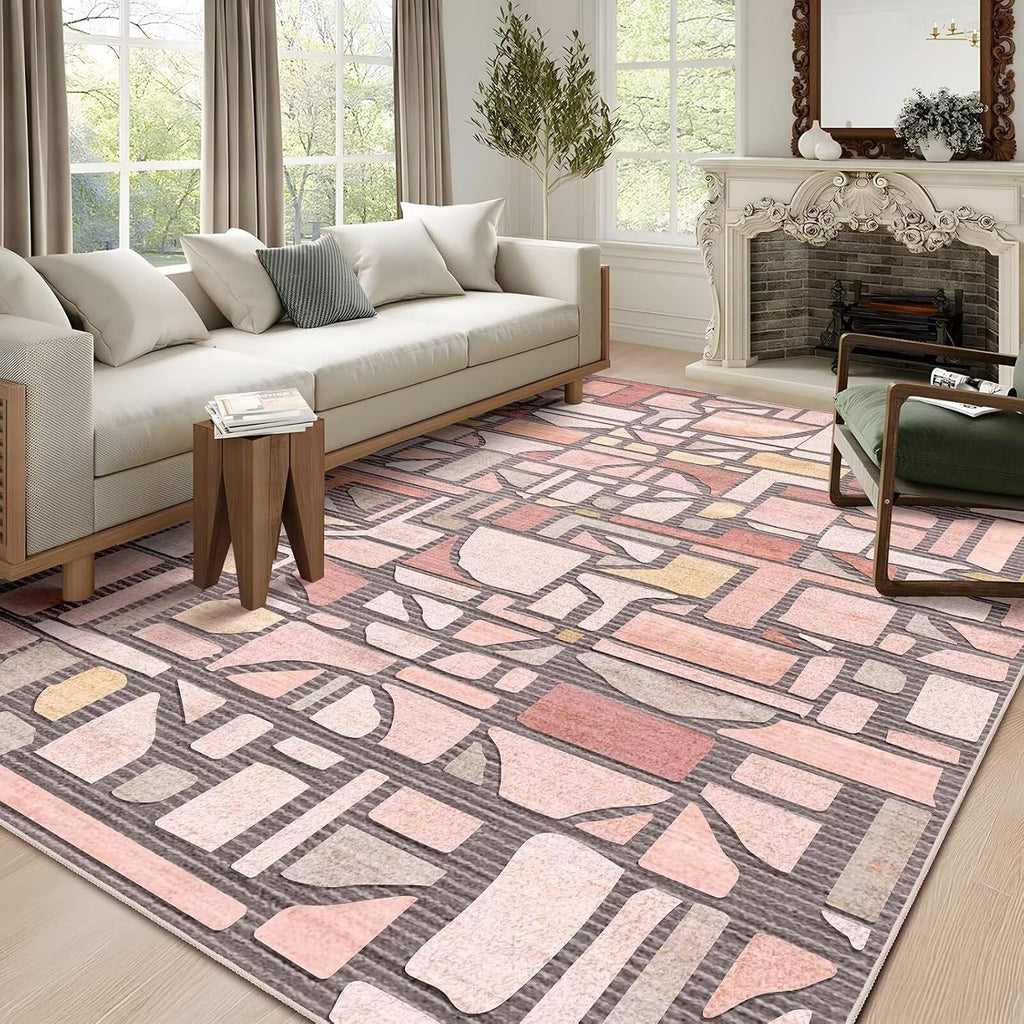 Area Rug, Vintage Checkered Abstract Rugs, Non Slip Washable Large Low Pile Soft Modern Floor Carpet Bedroom